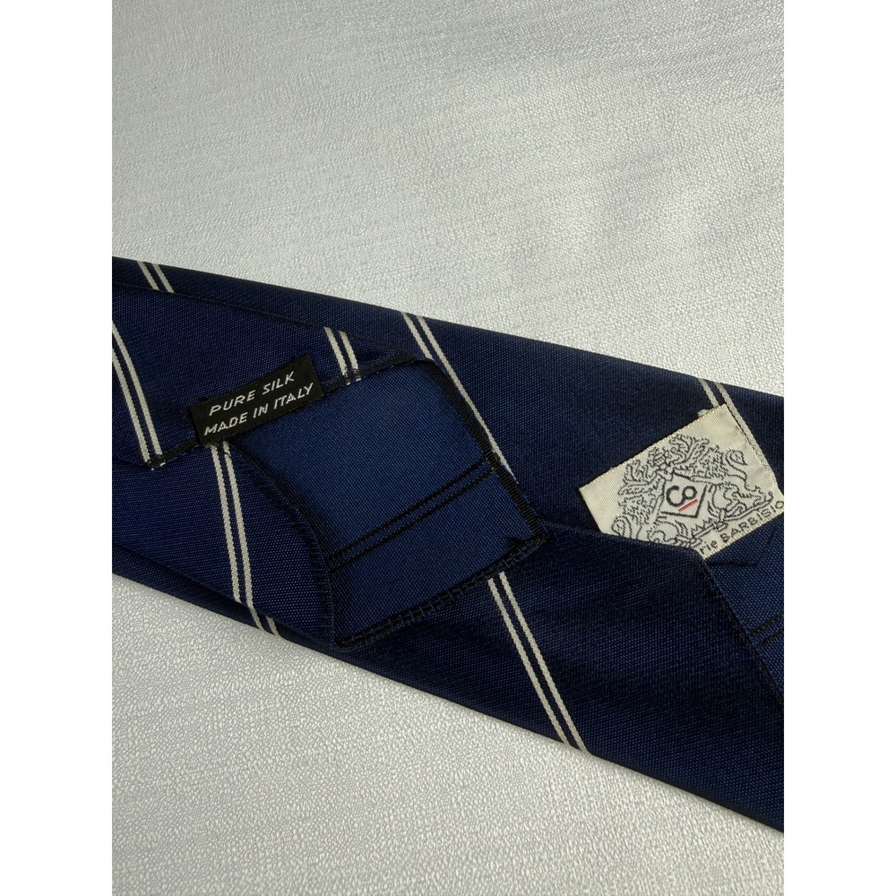 Cappellerie Barbisio Mens Navy Blue White Striped Pure Silk Tie Made in Italy